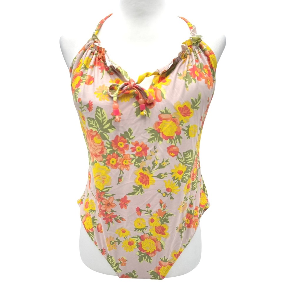 AERIE Women's XL Pink Yellow Orange‎ Floral One Piece Padded Bra Cheeky Swimsuit